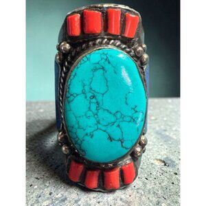 Turquoise & Coral Sterling Silver Adjustable Tribal Ring